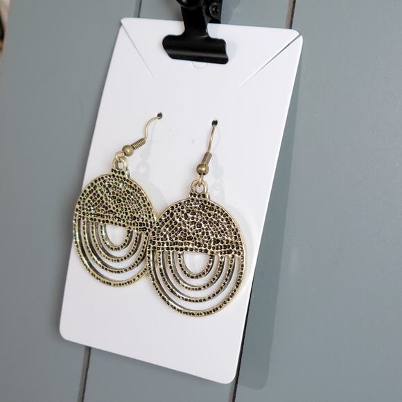 Gold Brass Tone Rainbow Dangle Earrings Textured Boho Drop Jewelry 2" - Picture 8 of 13